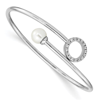 Sterling Silver Rh-Pl Imitation Shell Pearl And Cz Flexible Bangle