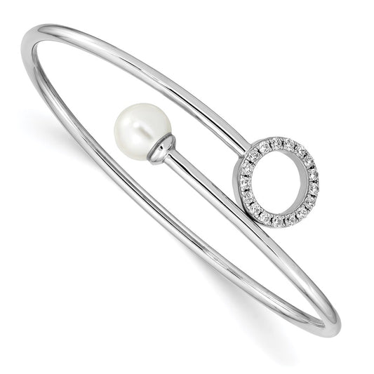 Sterling Silver Rh-Pl Imitation Shell Pearl And Cz Flexible Bangle