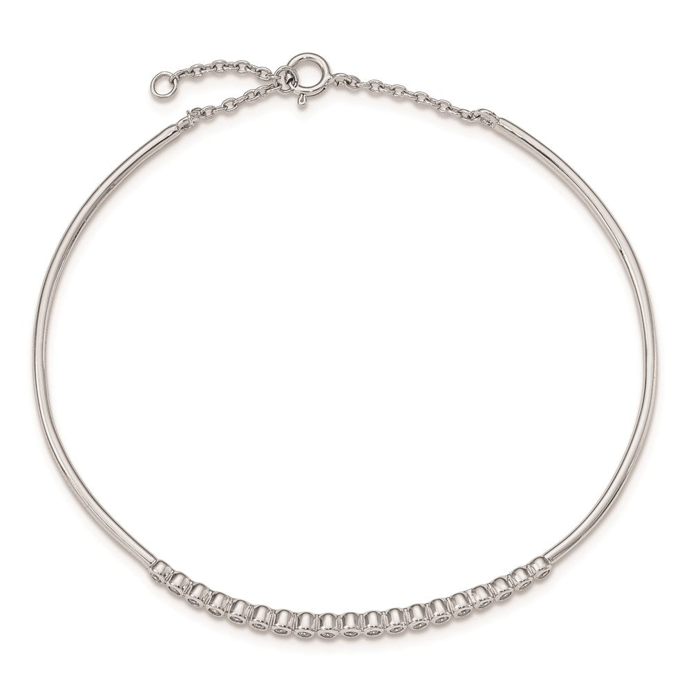 Sterling Silver Rhodium Plated Children'S Cz Bangle With Safety Chain