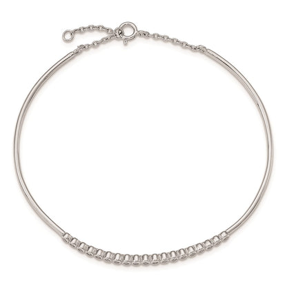 Sterling Silver Rhodium Plated Children'S Cz Bangle With Safety Chain