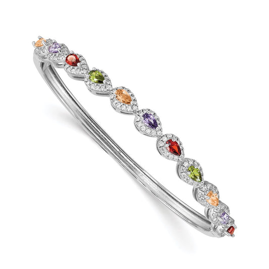 Sterling Silver Rhodium-Plated Multi-Color Cz Hinged Bangle