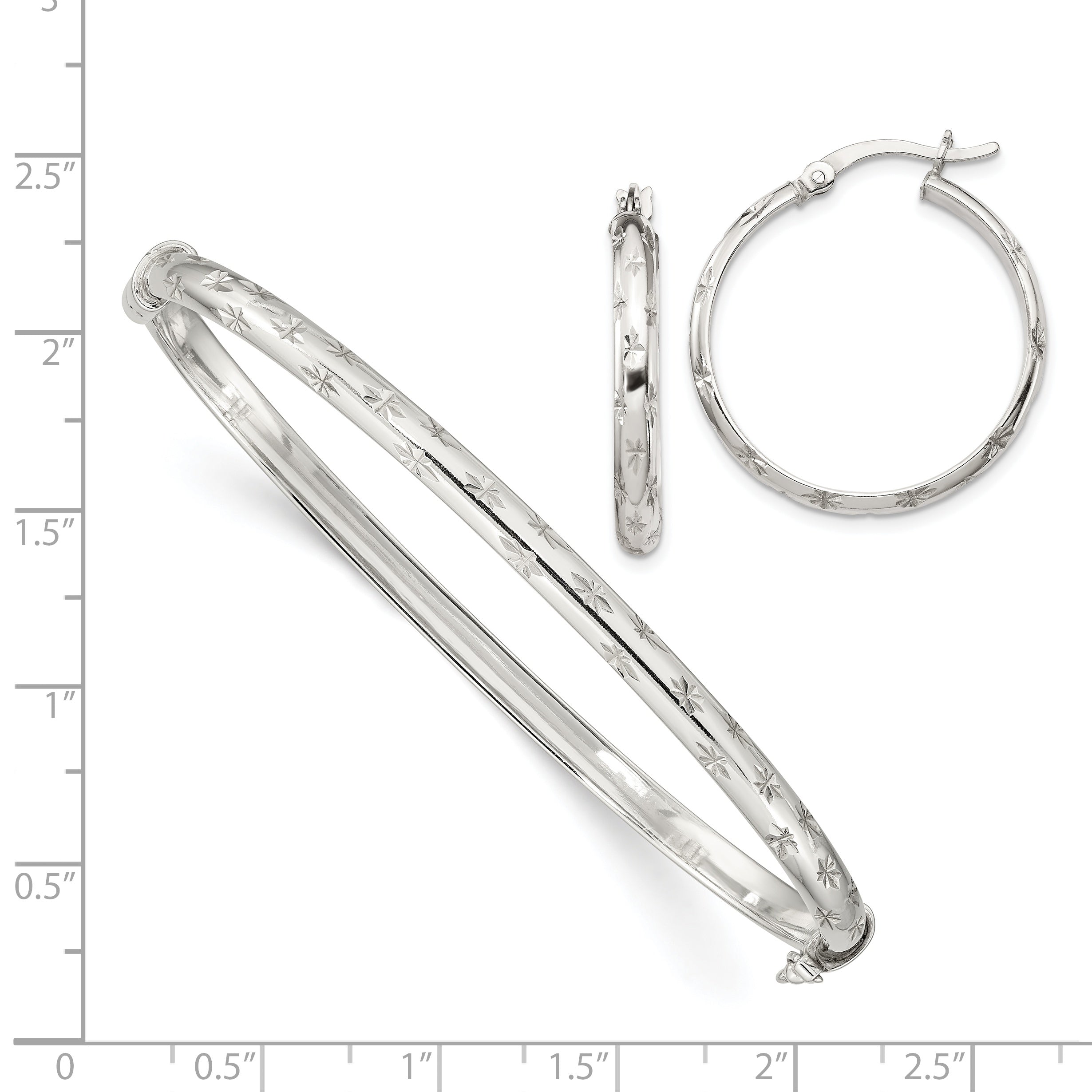 Sterling Silver D/C 4mm Bangle And 3mm Hoop Earring Set