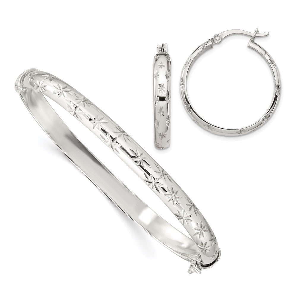Sterling Silver D/C 6mm Bangle And 4mm Hoop Earring Set