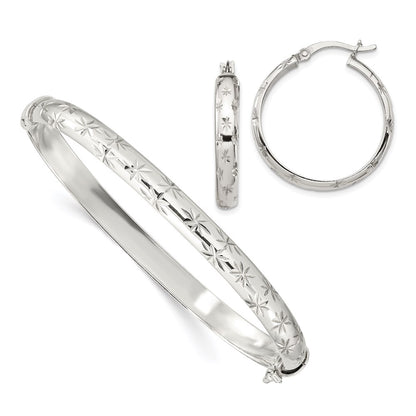 Sterling Silver D/C 6mm Bangle And 4mm Hoop Earring Set