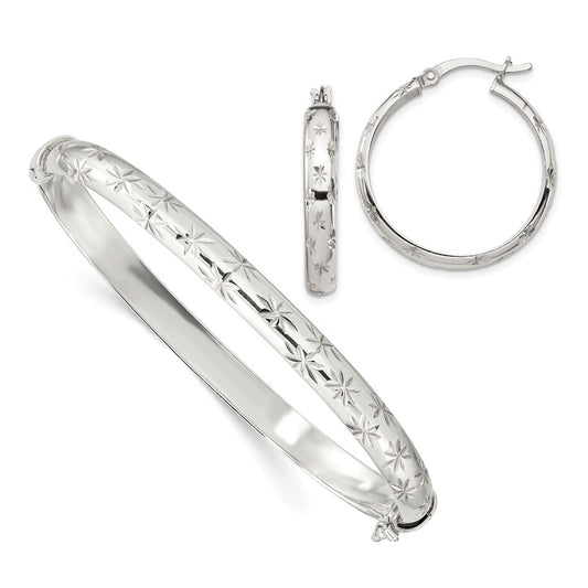 Sterling Silver D/C 6mm Bangle And 4mm Hoop Earring Set