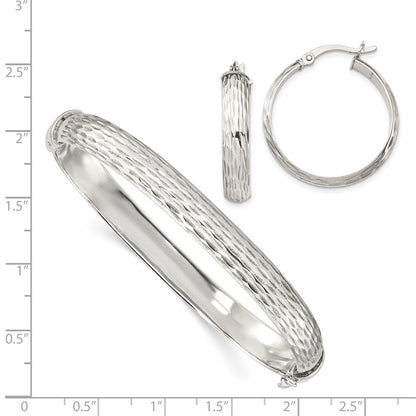 Sterling Silver D/C 7.5mm Bangle And 5mm Hoop Earring Set