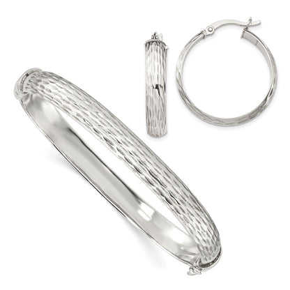 Sterling Silver D/C 7.5mm Bangle And 5mm Hoop Earring Set