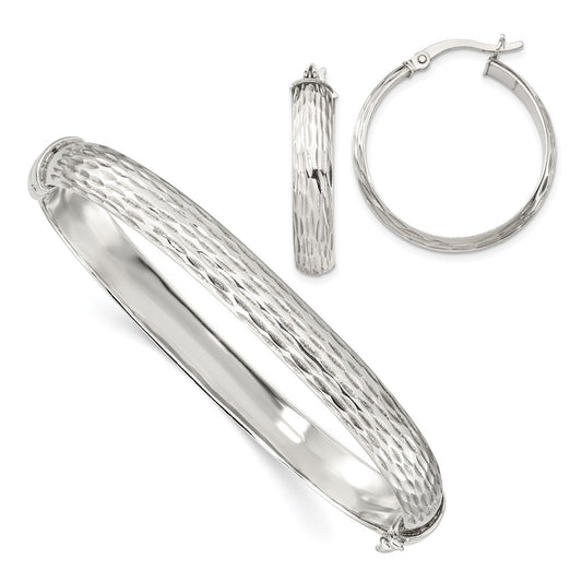 Sterling Silver D/C 7.5mm Bangle And 5mm Hoop Earring Set