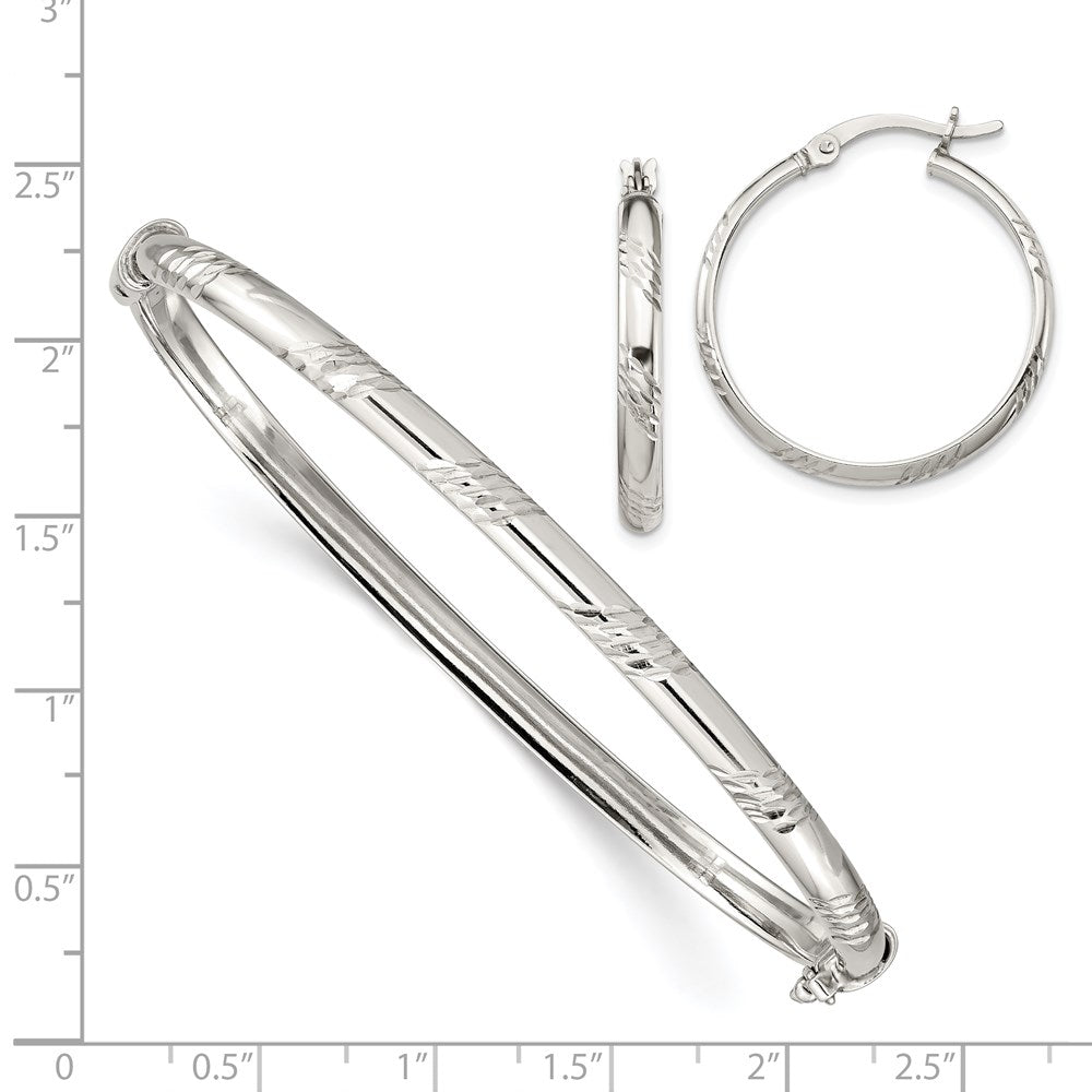 Sterling Silver D/C 4mm Bangle And 3mm Hoop Earring Set