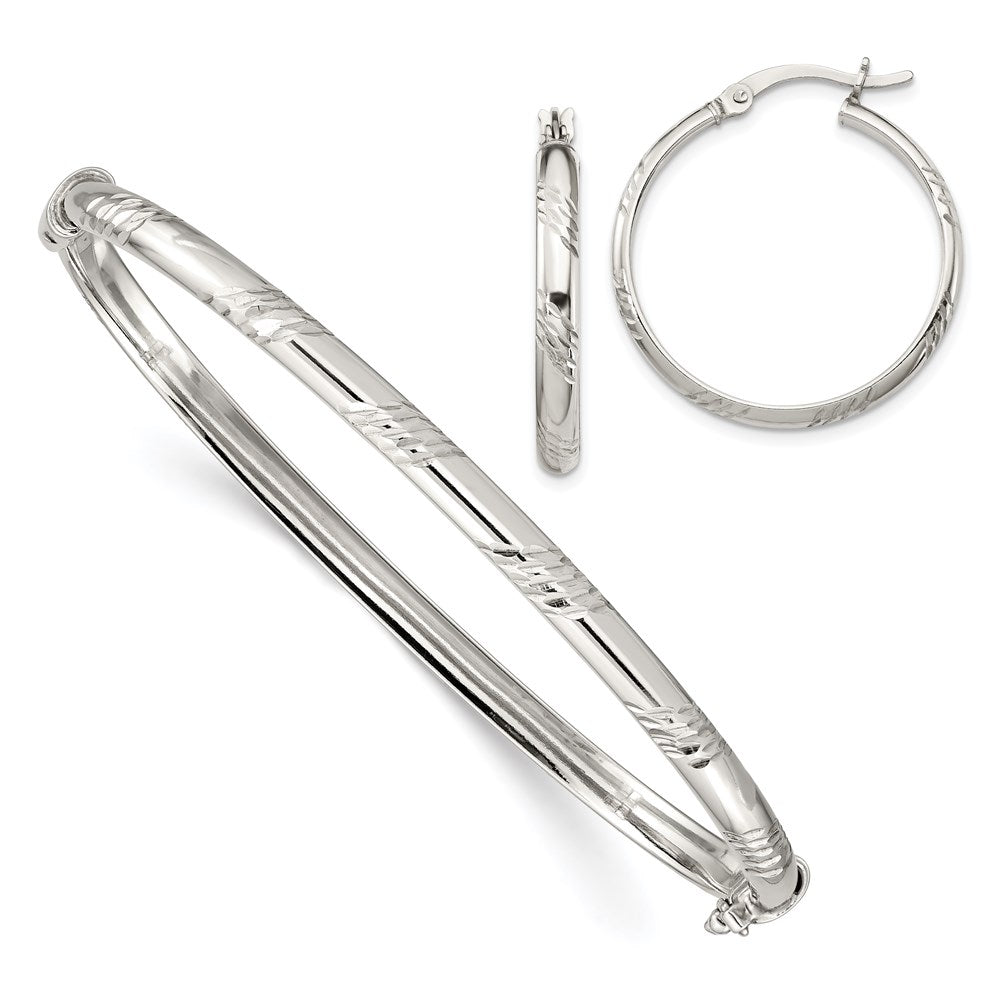 Sterling Silver D/C 4mm Bangle And 3mm Hoop Earring Set