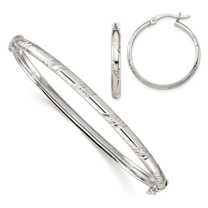 Sterling Silver D/C 4mm Bangle And 3mm Hoop Earring Set