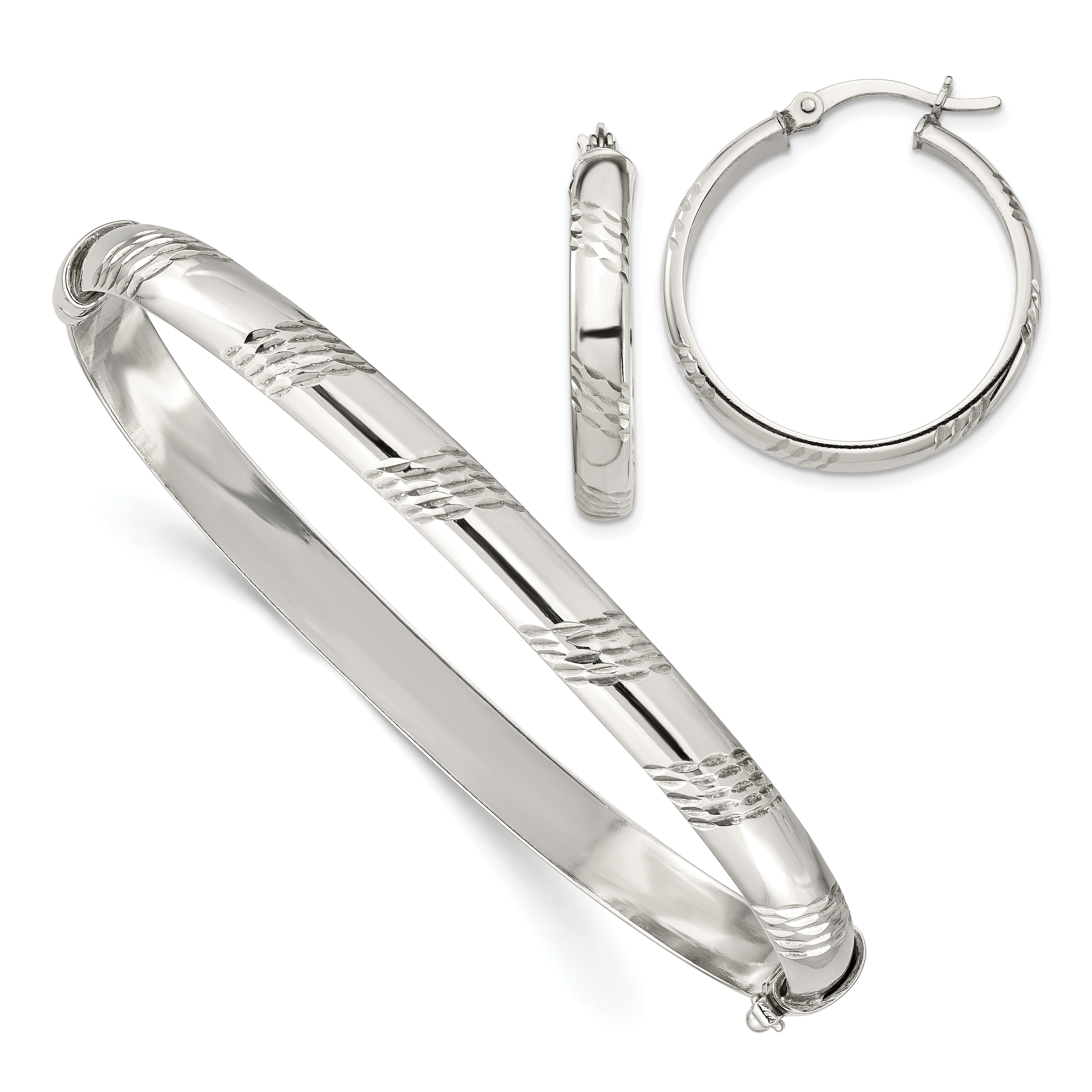 Sterling Silver D/C 6mm Bangle And 4mm Hoop Earring Set