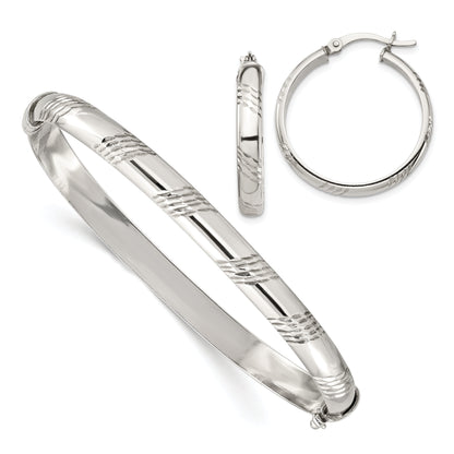 Sterling Silver D/C 6mm Bangle And 4mm Hoop Earring Set