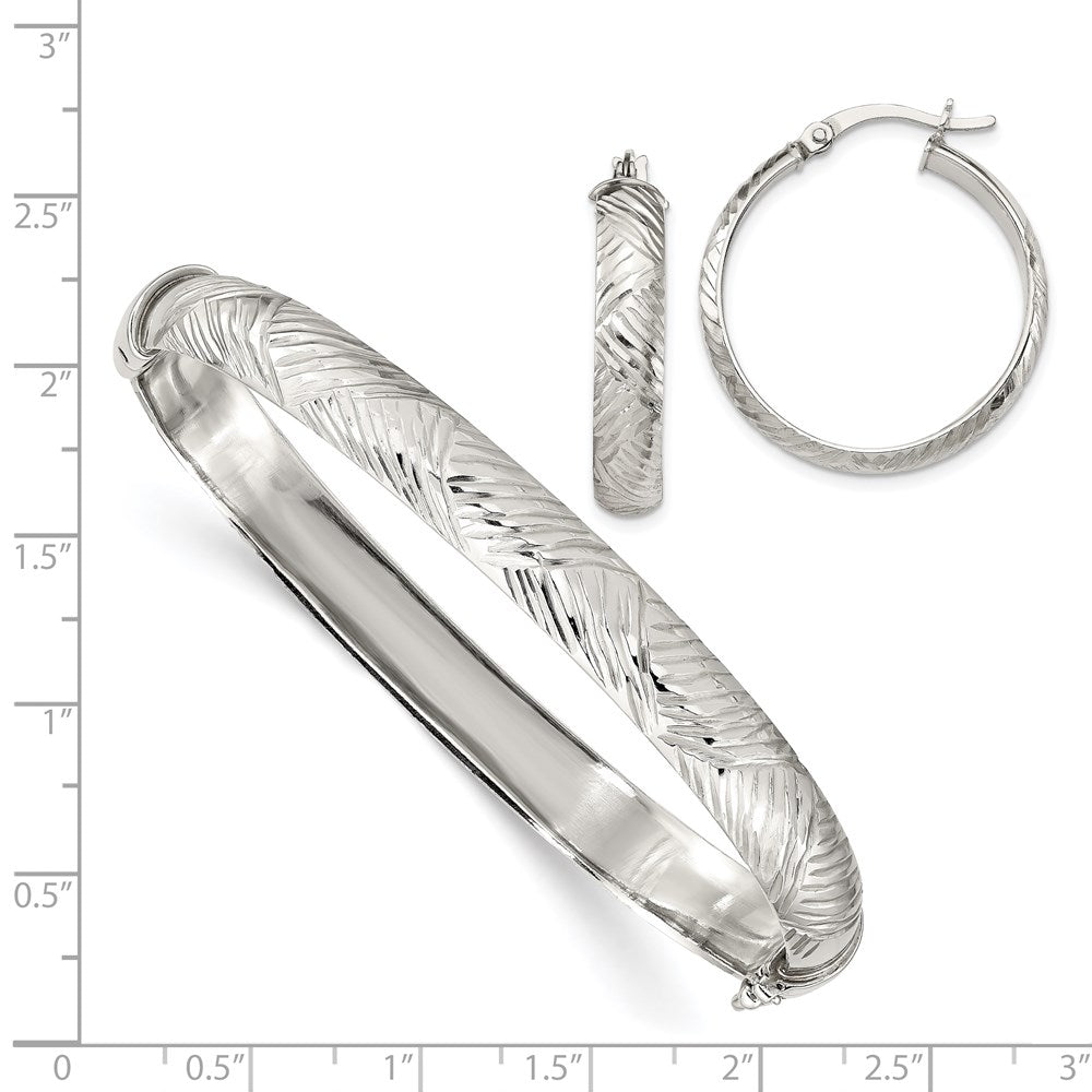 Sterling Silver D/C 7.5mm Bangle And 5mm Hoop Earring Set