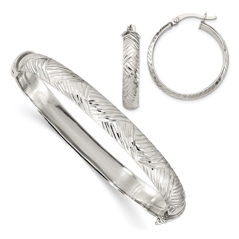 Sterling Silver D/C 7.5mm Bangle And 5mm Hoop Earring Set