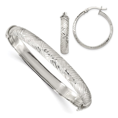 Sterling Silver D/C 7.5mm Bangle And 5mm Hoop Earring Set