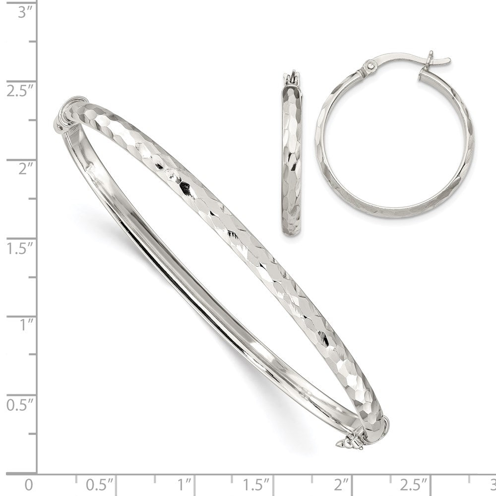 Sterling Silver D/C 4mm Bangle And 3mm Hoop Earring Set
