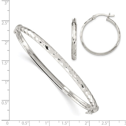 Sterling Silver D/C 4mm Bangle And 3mm Hoop Earring Set