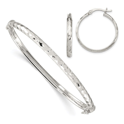Sterling Silver D/C 4mm Bangle And 3mm Hoop Earring Set