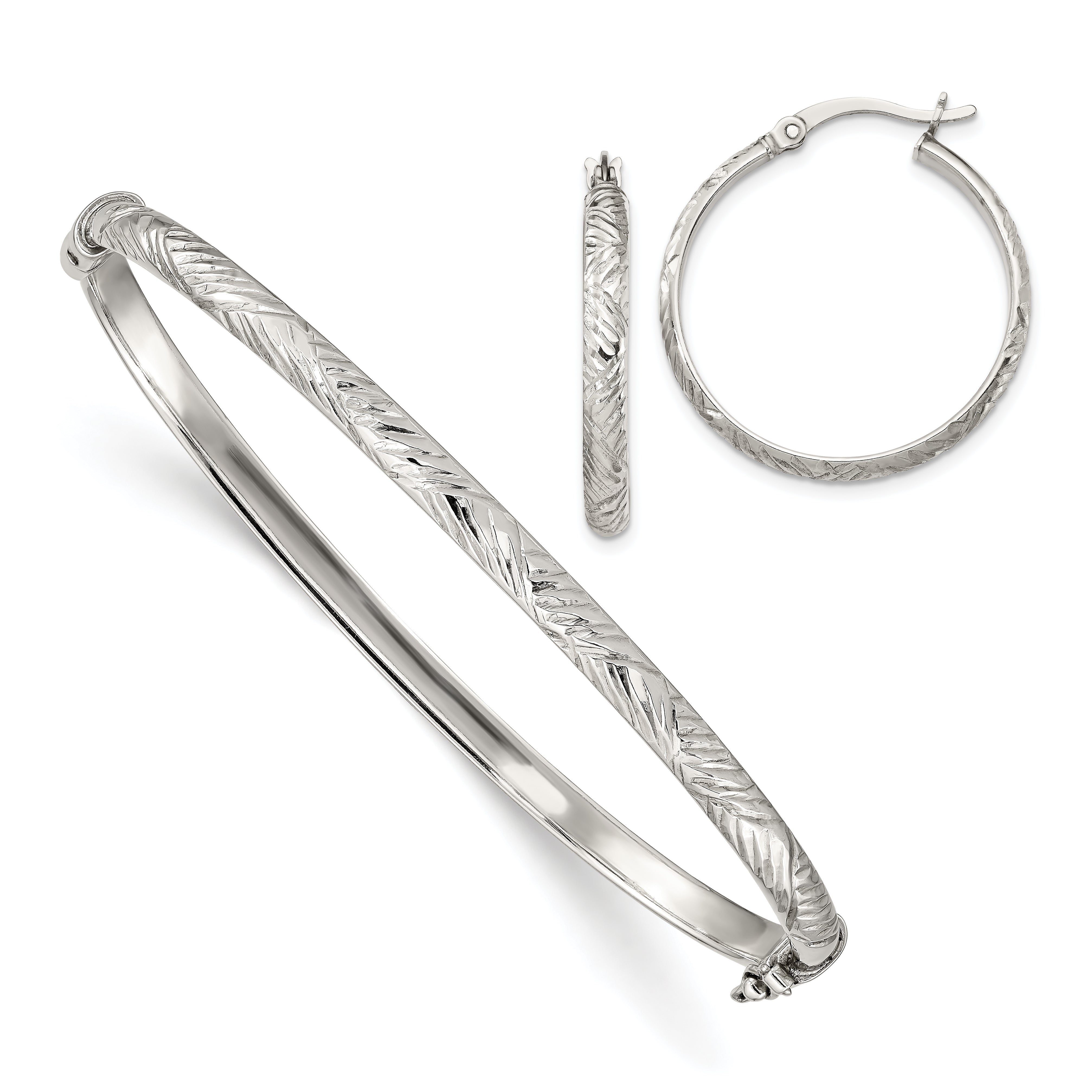 Sterling Silver D/C 4mm Bangle And 3mm Hoop Earring Set