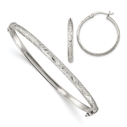 Sterling Silver D/C 4mm Bangle And 3mm Hoop Earring Set