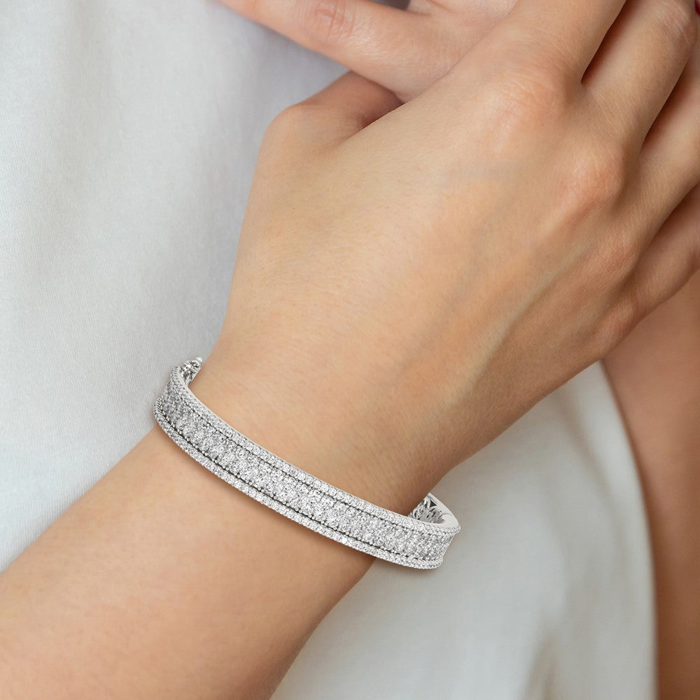 Sterling Silver Shimmer Rhodium-Plated 215 Stone Pav Cz Hinged Bangle Bracelet