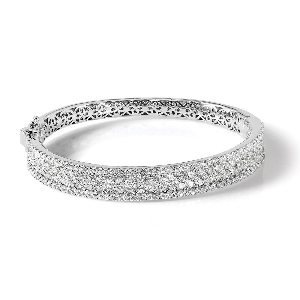 Sterling Silver Shimmer Rhodium-Plated 215 Stone Pav Cz Hinged Bangle Bracelet