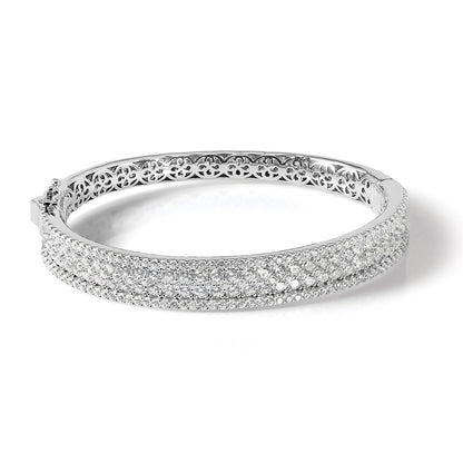 Sterling Silver Shimmer Rhodium-Plated 215 Stone Pav Cz Hinged Bangle Bracelet
