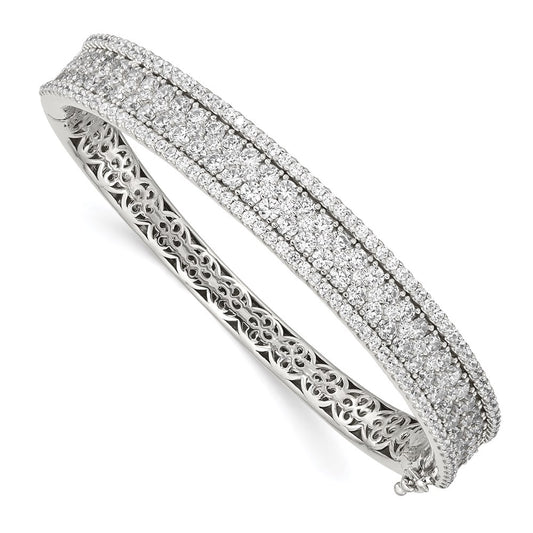 Sterling Silver Shimmer Rhodium-Plated 215 Stone Pav Cz Hinged Bangle Bracelet