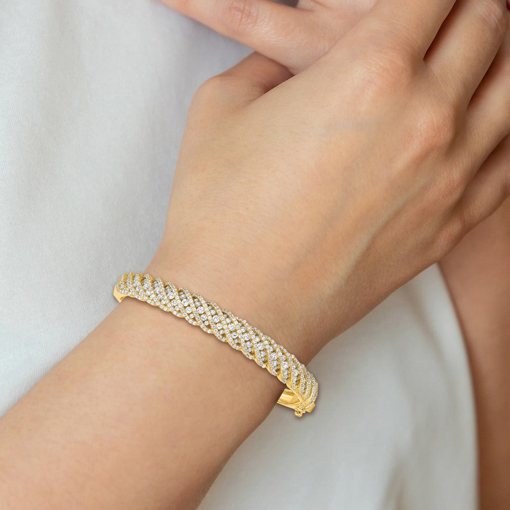 Sterling Silver Shimmer Gold-Tone Flash Gold-Plated 349 Stone Cz Hinged Bangle Bracelet