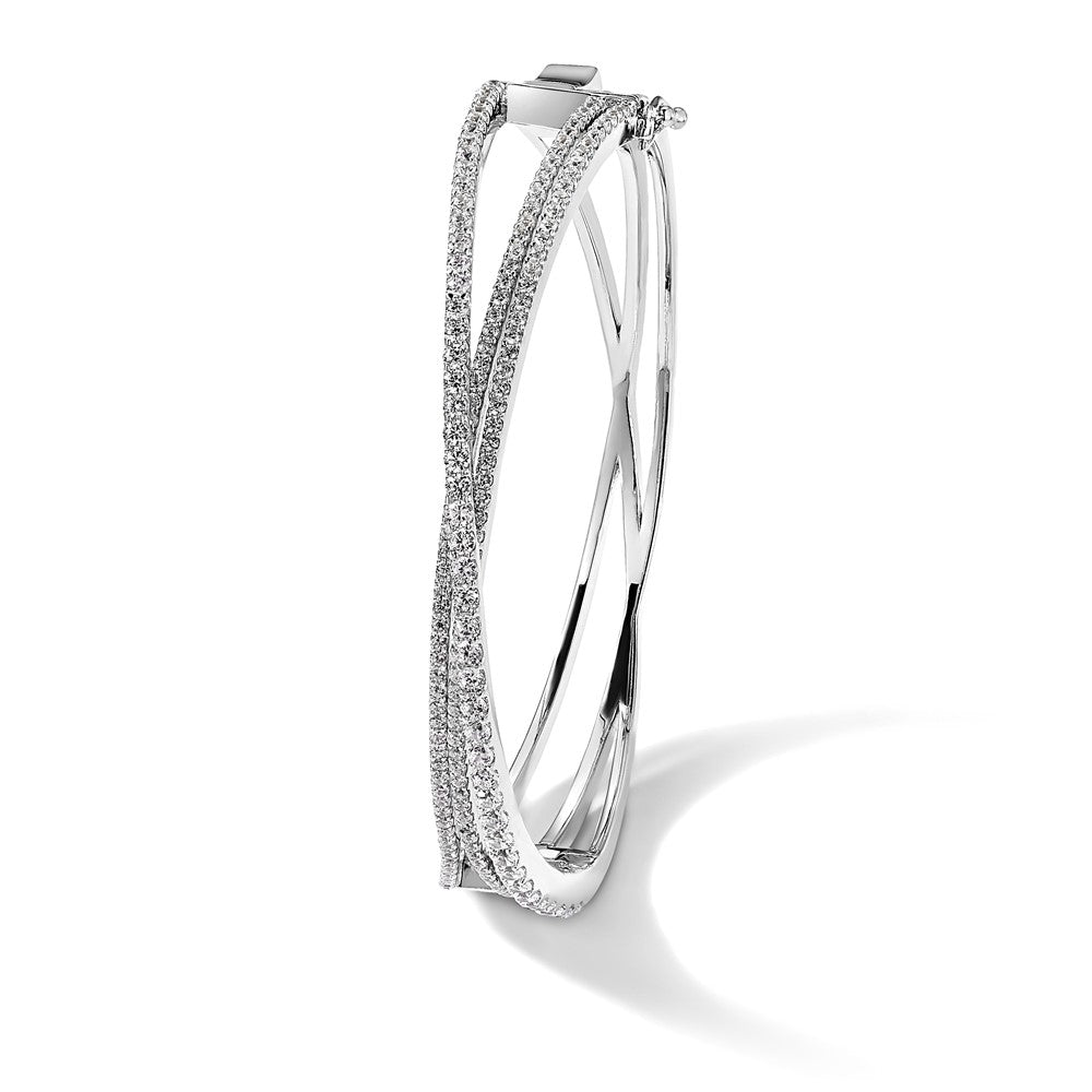 Sterling Silver Shimmer Rhodium-Plated 177 Stone Cz Hinged Criss Cross Bangle Bracelet