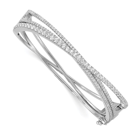 Sterling Silver Shimmer Rhodium-Plated 177 Stone Cz Hinged Criss Cross Bangle Bracelet