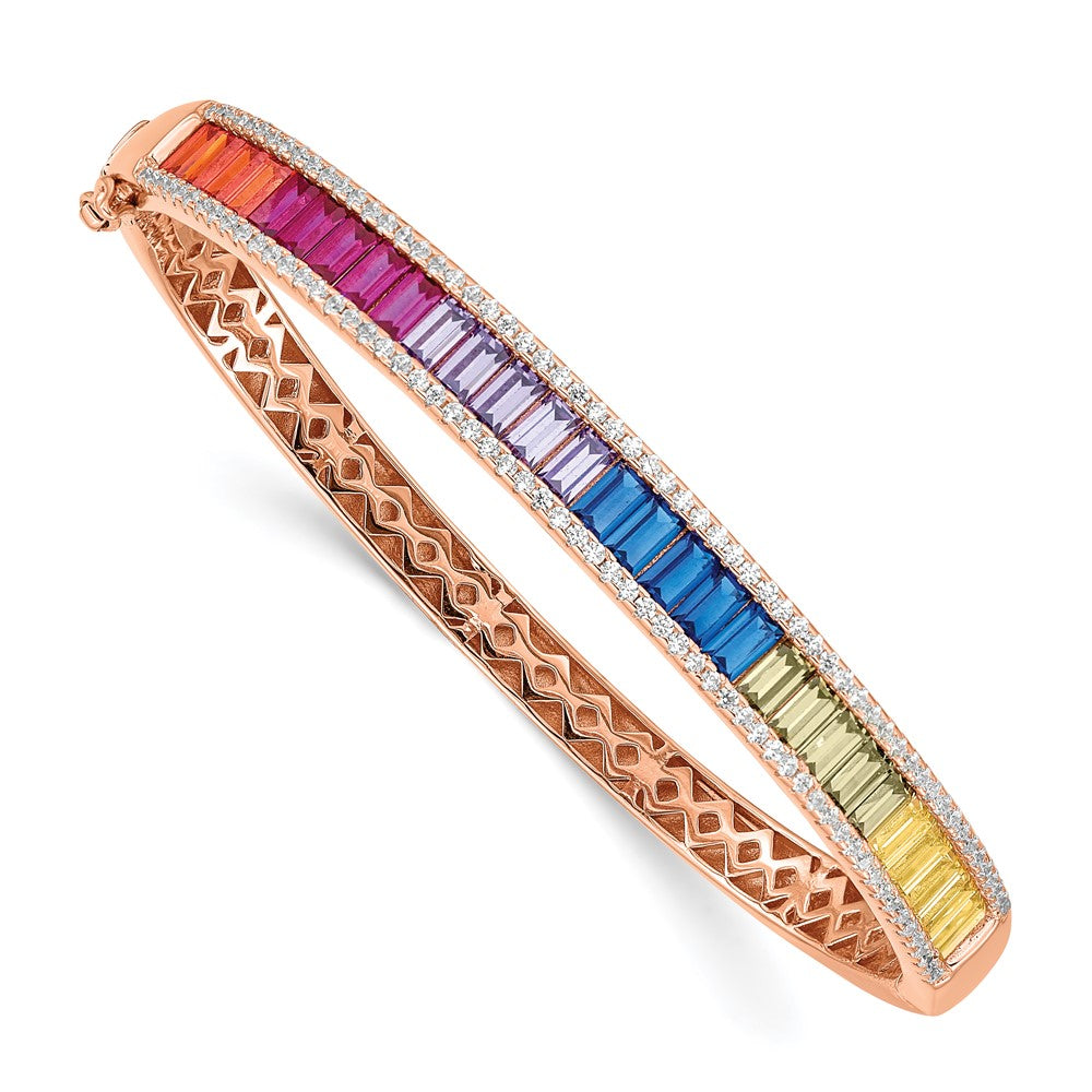 Sterling Silver Prizma Rose-Tone 14K Flash Rose Gold-Plated White And Colorful Baguette Cz Hinged Bangle