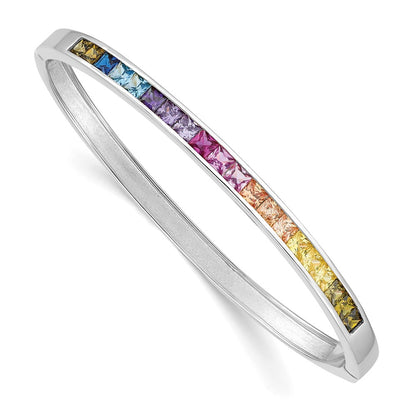 Sterling Silver Prizma Rhodium-Plated Channel-Set Colorful Cz Hinged Bangle