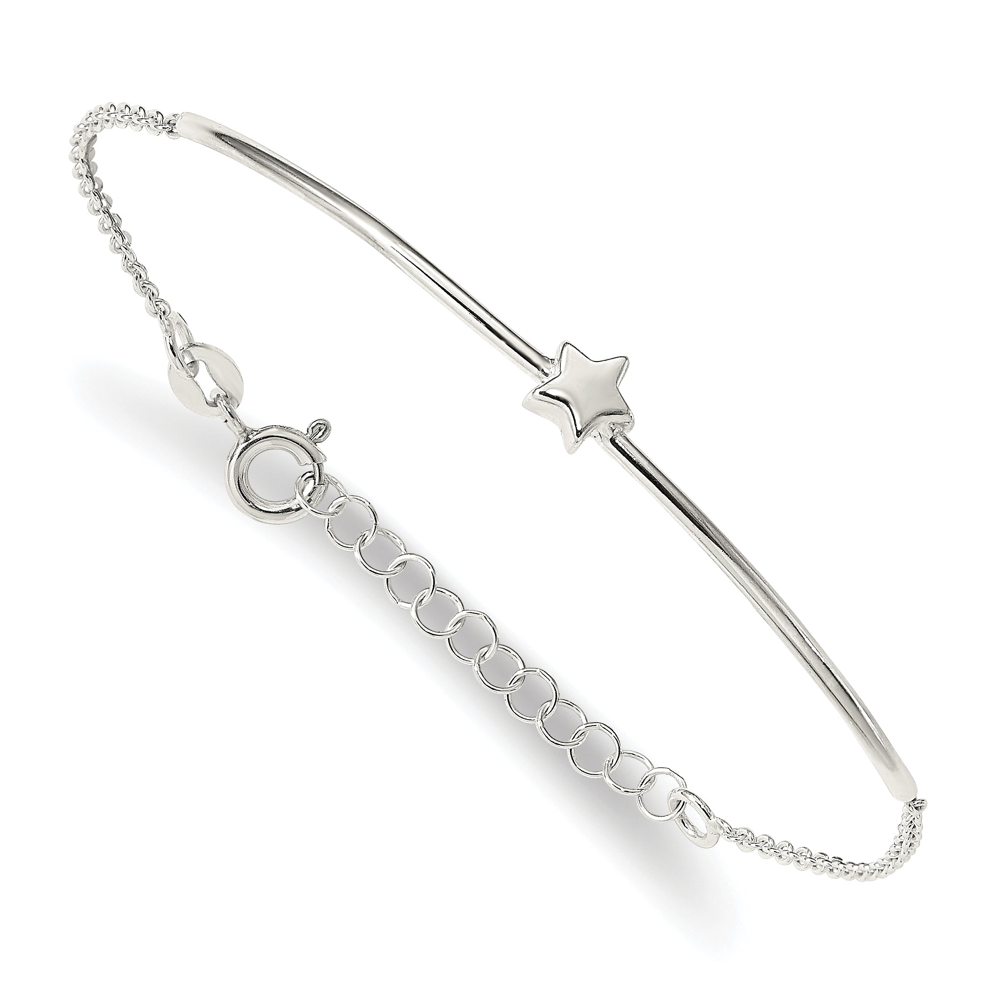 6 Inch Sterling Silver Stars Bangle And Bracelet W/ 1 Ext. Two Piece Set