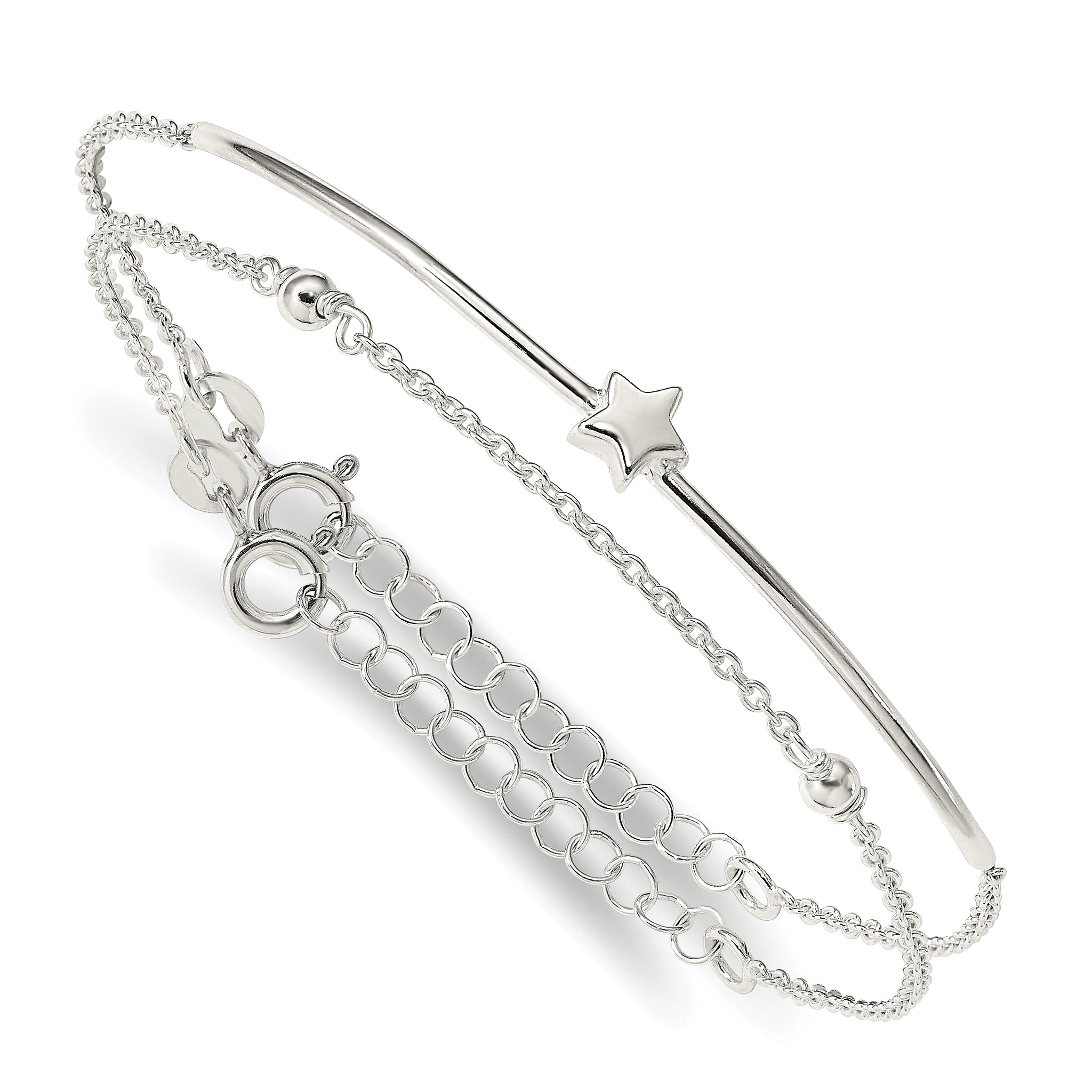 6 Inch Sterling Silver Stars Bangle And Bracelet W/ 1 Ext. Two Piece Set