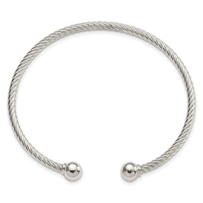 Sterling Silver Polished Twisted W/1 Thread Ball Cuff Bangle
