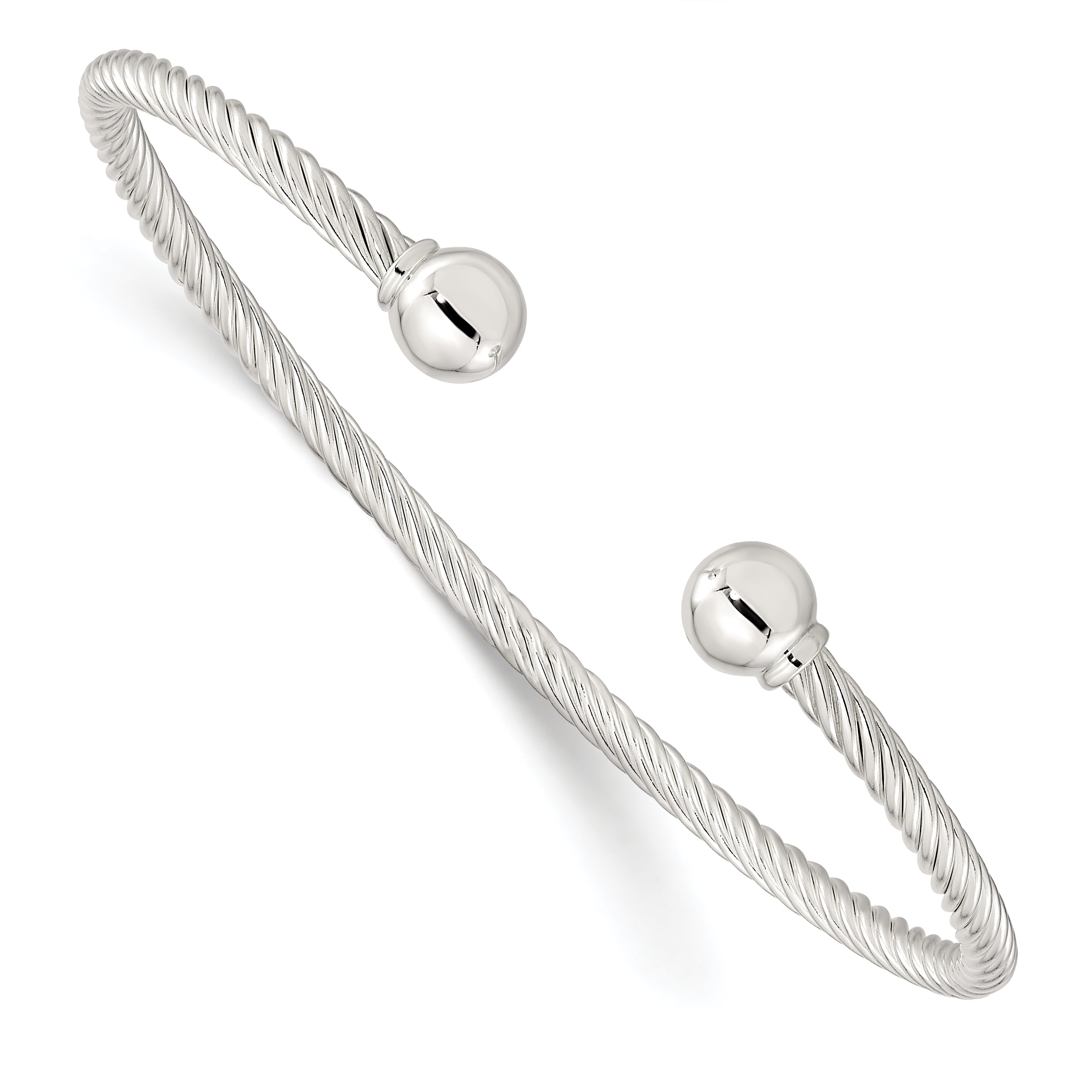 Sterling Silver Polished Twisted W/1 Thread Ball Cuff Bangle