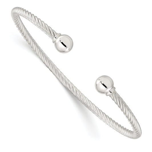 Sterling Silver Polished Twisted W/1 Thread Ball Cuff Bangle