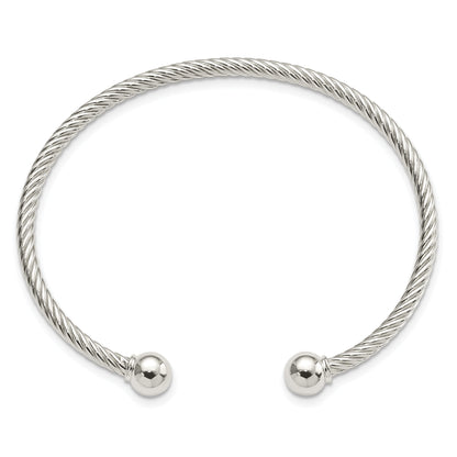 Sterling Silver Rhod-Plated Twisted W/1 Thread Ball Cuff Bangle