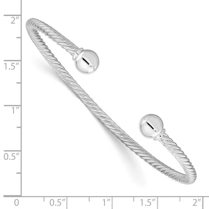 Sterling Silver Rhod-Plated Twisted W/1 Thread Ball Cuff Bangle