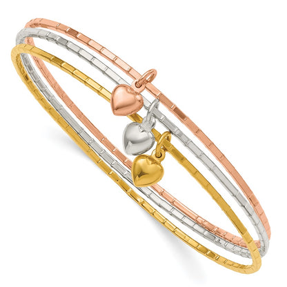 Sterling Silver Silver/Gold-Tone/Rose-Tone W/Puffed Heart Bangle Set