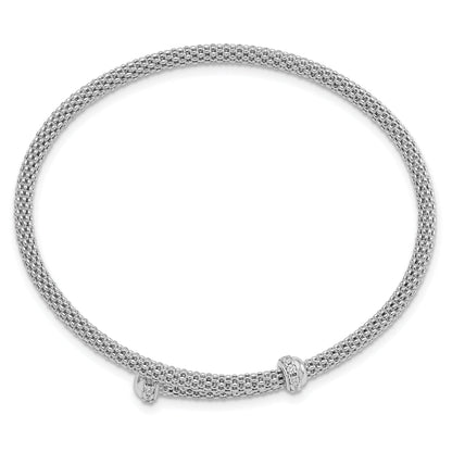 Sterling Silver Rhodium-Plated Polished Cz Flexible Cuff Bangle