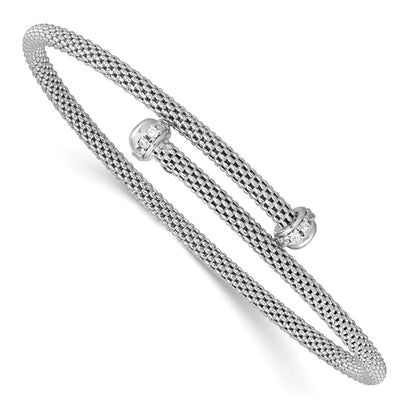 Sterling Silver Rhodium-Plated Polished Cz Flexible Cuff Bangle
