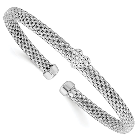 Sterling Silver Rhodium-Plated Polished Cz Heart Mesh Cuff Bangle