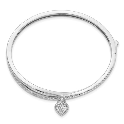 Sterling Silver Rhodium-Plated Cz Heart Dangle Hinged Bangle