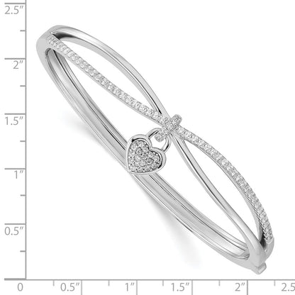 Sterling Silver Rhodium-Plated Cz Heart Dangle Hinged Bangle