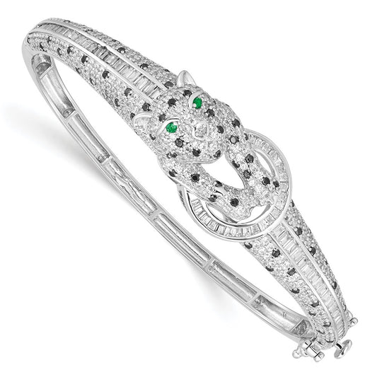 Sterling Silver Rhodium-Plated Polished Cz Cheetah Hinged Bangle