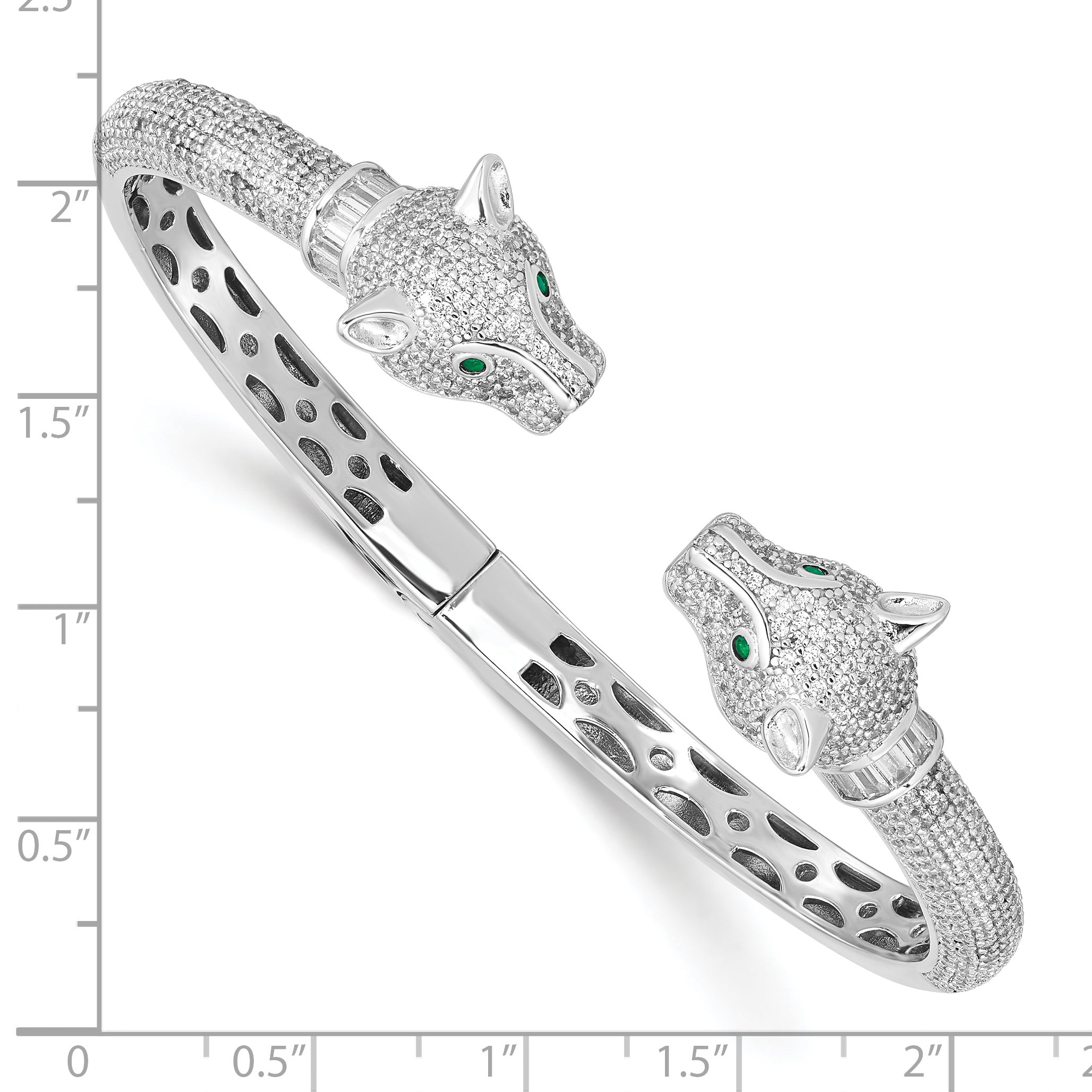 Sterling Silver Rhodium-Plated Polished Cz Lioness Hinged Cuff Bangle