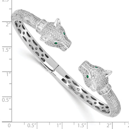 Sterling Silver Rhodium-Plated Polished Cz Lioness Hinged Cuff Bangle